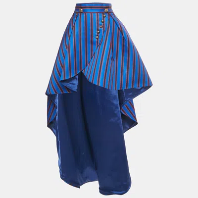 Pre-owned Elisabetta Franchi Blue Striped Print Satin High Low Skirt L