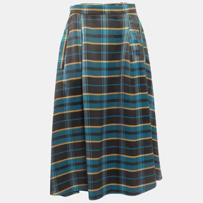 Pre-owned Elisabetta Franchi Blue Tartan Check Twill Pleated Midi Skirt M