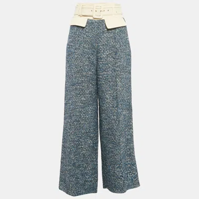 Pre-owned Elisabetta Franchi Blue Tweed Belted Trousers M
