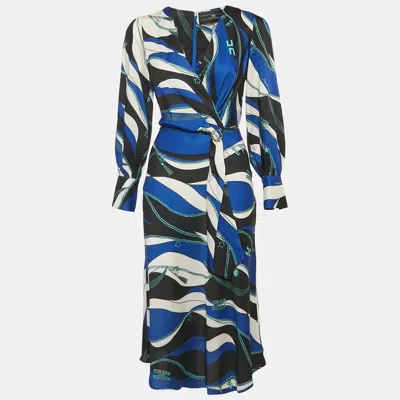Pre-owned Elisabetta Franchi Blue/multicolor Printed Satin V-neck Midi Dress S