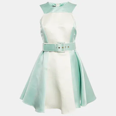 Pre-owned Elisabetta Franchi Blue/white Satin Flared Mini Dress M