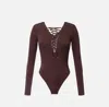 Elisabetta Franchi Bodysuit In Jersey Fabric With Laces In Brown