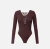 Elisabetta Franchi Bodysuit In Jersey Fabric With Laces In Brown