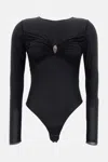 Elisabetta Franchi Black Crewneck Bodysuit With Knot Detail On The Front And Jewel Embellishment In Viscose Stretch Wom In Black