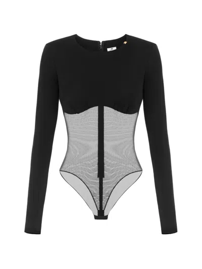 Elisabetta Franchi Bodysuit In Crêpe Jersey And Mesh Tulle Fabric In Black