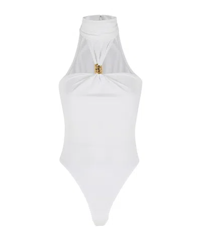 Elisabetta Franchi Bodysuit In Crepe Jersey Fabric With Jewel Detail In White