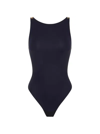 Elisabetta Franchi Bodysuit In Crêpe Jersey Fabric With Jewel Logos In Blue