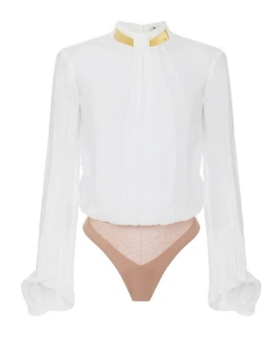 Elisabetta Franchi Bodysuit In Georgette Fabric With Jewel Collar In White
