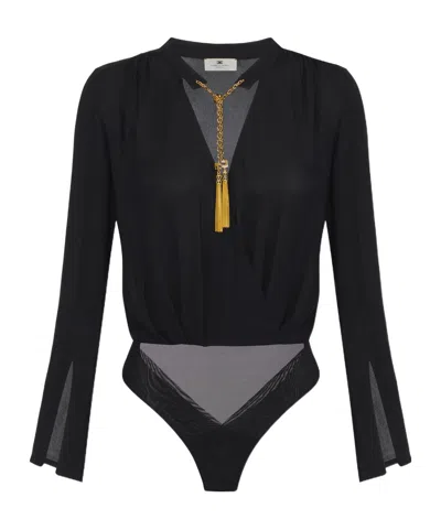 Elisabetta Franchi Bodysuit In Georgette Fabric With Jewel Details In Black