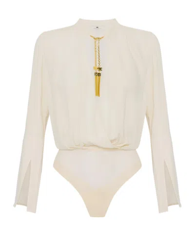 Elisabetta Franchi Bodysuit In Georgette Fabric With Jewel Details In White