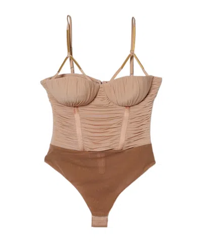 Elisabetta Franchi Bodysuit In Jersey Fabric With Jewel Plaques In Brown