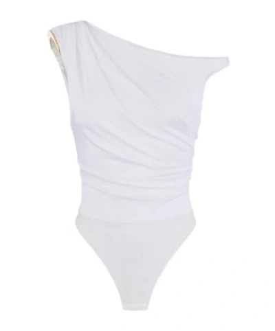 Elisabetta Franchi Bodysuit In Jersey Fabric With Jewel Shoulder Detail In White