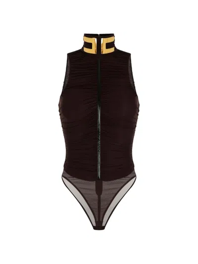 Elisabetta Franchi Bodysuit In Stretch Jersey Fabric With Jewel Collar In Brown