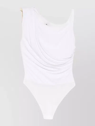 Elisabetta Franchi Bodysuit Sleeveless Design Asymmetric Shoulder Draped In White