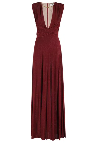 Elisabetta Franchi Bordeaux Maxi Dress With Vintage V-neckline In Burgundy