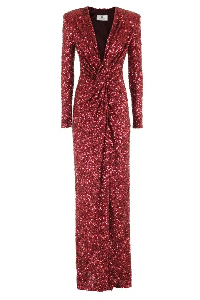 Elisabetta Franchi Bordeaux Sequin Evening Dress With Padded Shoulders In White