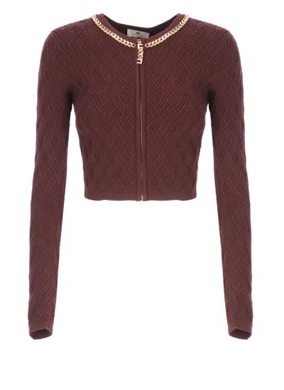 ELISABETTA FRANCHI BORDEAUX TEXTURED GEOMETRIC PATTERN CARDIGAN