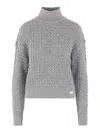 Elisabetta Franchi Cable Knit Tricot Sweater With Sequined Inserts And High Neck In Gray