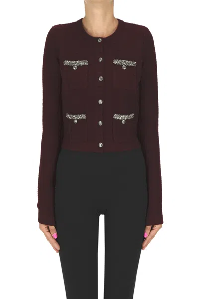 Elisabetta Franchi Bouclè Knit Cardigan Jacket In Burgundy