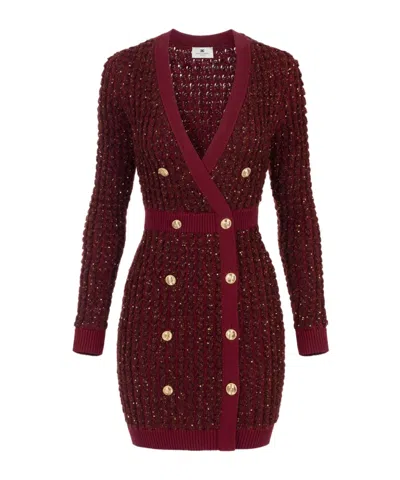 Elisabetta Franchi Boucle Knit Dress With Sequins In Red