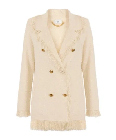 Elisabetta Franchi Boucle Knit Jacket With Fringes In Neutral