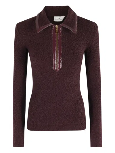Elisabetta Franchi Tricot Sweater With Zippered Front And Contrast Trim In Burgundy