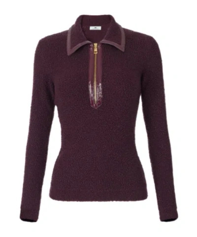 Elisabetta Franchi Boucle Knit Polo Shirt With Vinyl Details In Burgundy