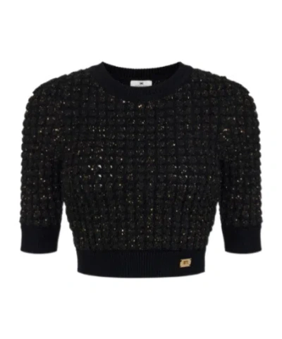 Elisabetta Franchi Bouclé Knit Top With Sequins In Black