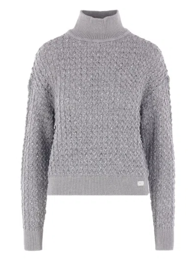 ELISABETTA FRANCHI BOUCLÉ MOCK NECK SWEATER WITH SEQUINS