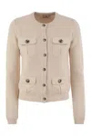 ELISABETTA FRANCHI ELISABETTA FRANCHI BOUCLÉ WOOL CARDIGAN WITH TECHNICAL SAIL CLOTH POCKETS