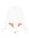 Elisabetta Franchi Necktie Bodysuit With Embroidered Plunging V-neck In White