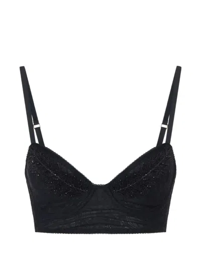 Elisabetta Franchi Bra In Lace Fabric With Embroidered Feathers In Black