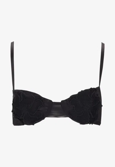 Elisabetta Franchi Bra Top With Sheer Back And Floral-application In Black