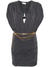 Elisabetta Franchi Mini Dress With Drapery And Metal Belt In Grey