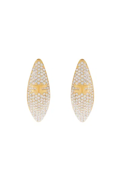 Elisabetta Franchi Brass Earrings With Rhinestones And Logo In Oro Giallo