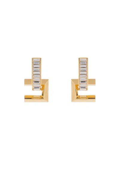 Elisabetta Franchi Brass Semi-circle Earrings With Rhinestones And Logo In Oro Giallo