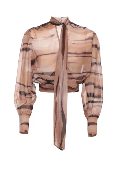 Elisabetta Franchi Brown Chiffon Animalier Blouse In Animal Print