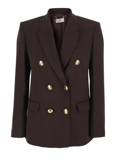 Elisabetta Franchi Brown Double-breasted Jacket With Classic Lapels In Viscose Woman