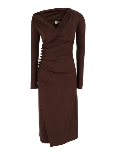 Elisabetta Franchi Brown Draped Midi Dress With Asymmetric Neckline In Viscose Stretch Woman