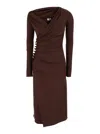 Elisabetta Franchi Brown Draped Midi Dress With Asymmetric Neckline In Viscose Stretch Woman In Animal Print