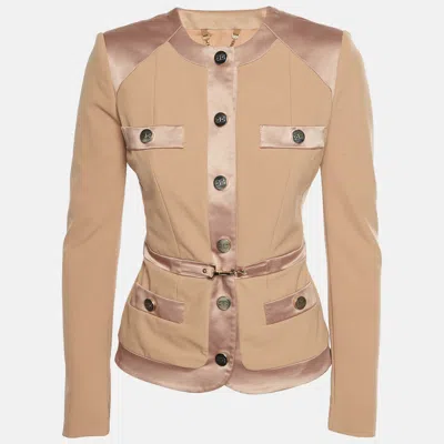 Pre-owned Elisabetta Franchi Brown Knit Button Front Fitted Blazer S In Sand