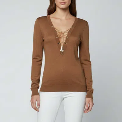 Pre-owned Elisabetta Franchi Brown Knit Chain Lace-up Top M