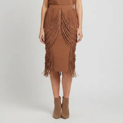 Pre-owned Elisabetta Franchi Brown Knit Leather Fringed Midi Skirt M