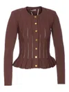 Elisabetta Franchi Textured Ribbed Fitted Cardigan With Peplum Hem In Brown