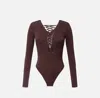 Elisabetta Franchi Lace-up Long-sleeve Bodysuit In Brown