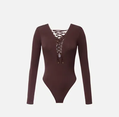 ELISABETTA FRANCHI BROWN LACE-UP BODYSUIT