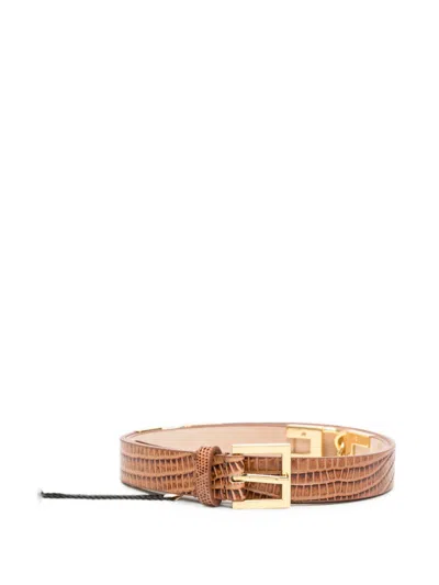 Elisabetta Franchi Brown Lizard-effect Leather Belt With Gold Buckle