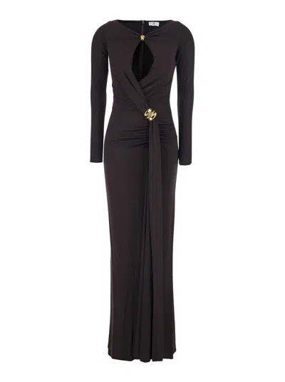 Elisabetta Franchi Brown Long Dress With Teardrop Cut-out Detail And V Neck In Viscose Blend Woman In Black