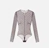 Elisabetta Franchi Bodysuit In Jacquard Tulle Fabric With Diamonds In Brown