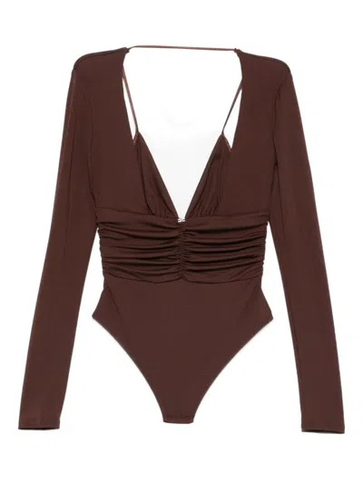 Elisabetta Franchi Brown Long-sleeve Top With Deep V-neckline